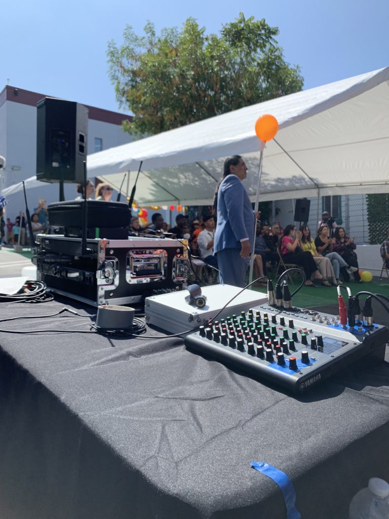 Mixer and speaker rental for an outdoor ribbon cutting ceremony in Los Angeles